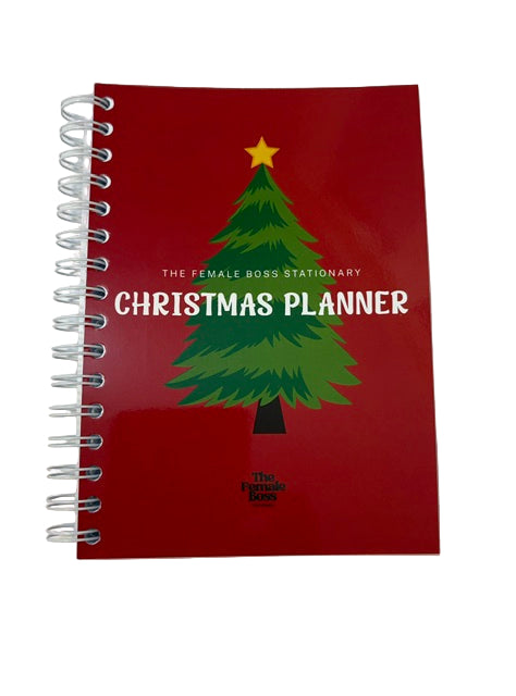Red Christmas planner with a green tree design on a white background