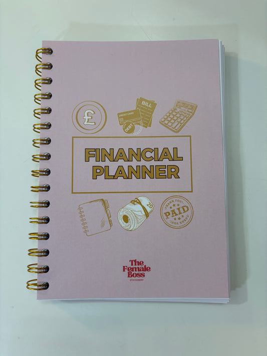 Pink financial planner with gold illustrations and text on a white background