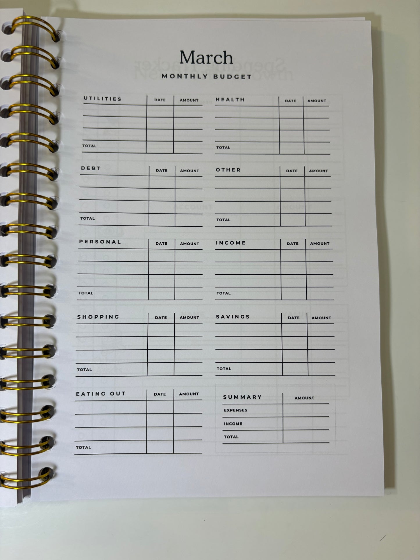 Monthly budget sheet in a notebook with a white background
