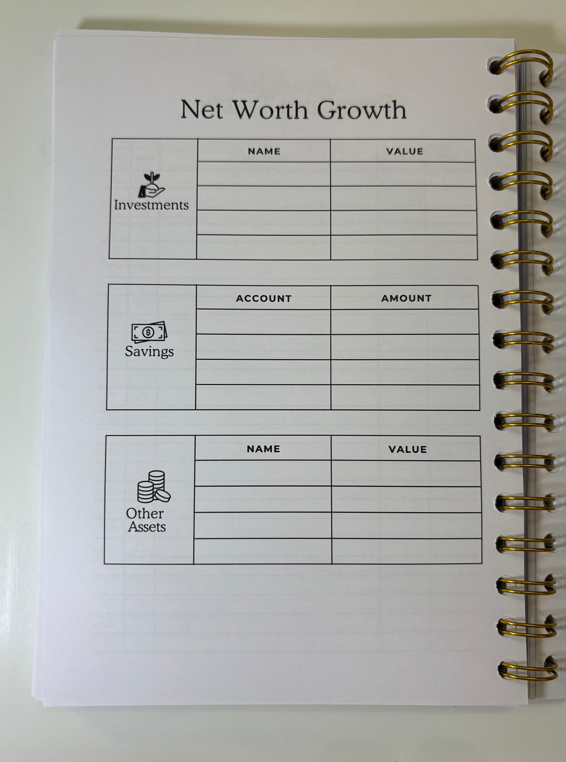 Notebook page with 'Net Worth Growth' tracking chart on a white background